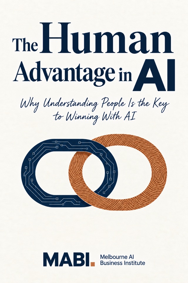 The Human Advantage in AI. Cover with a geometric navy AI loop interlocking with an organic copper human loop.